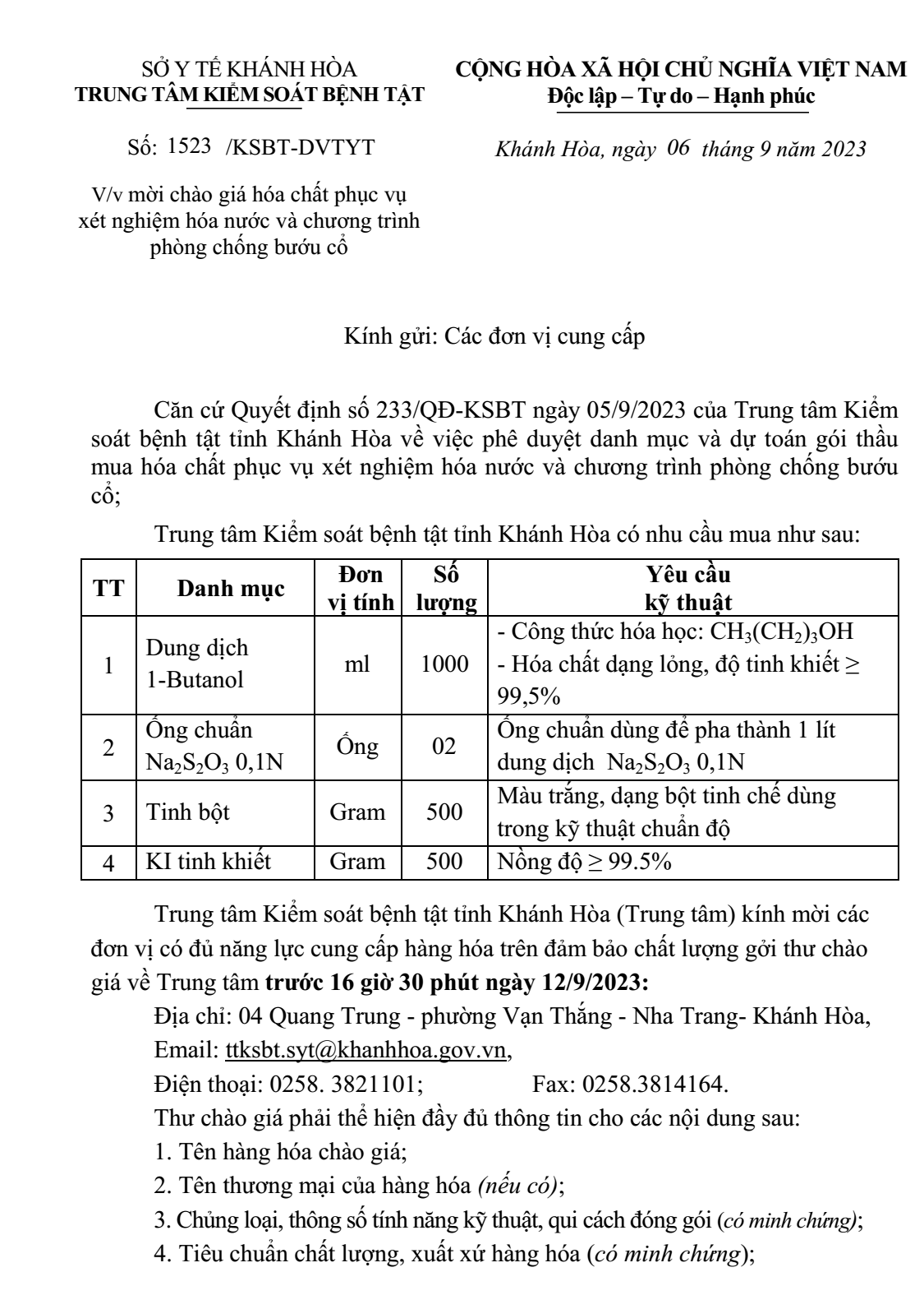 Mời chào giá hóa chất phục vụ xét nghiệm hóa nước và chương trình phòng chống bướu cổ